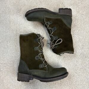 Bos & Co Leather Suede Olive Green Fur Lined Lace Up Boots Size 37/6-6.5